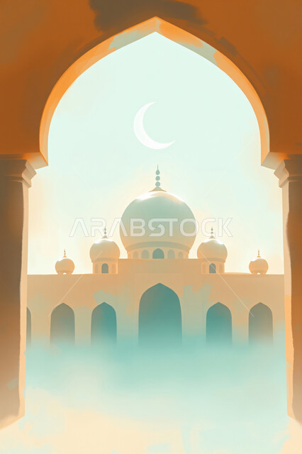 الفن الهندسي المعماري لبناء مسجد في المملكة العربية السعودية، منظر هلال شهر رمضان في المساء، الأماكن الدينية المقدسة على الطراز العصري الحديث، مفهوم العبادة والتقرب إلى الله، أداء فريضة الصلاة، التصميم الاسلامي والديكور الخارجي للقبب