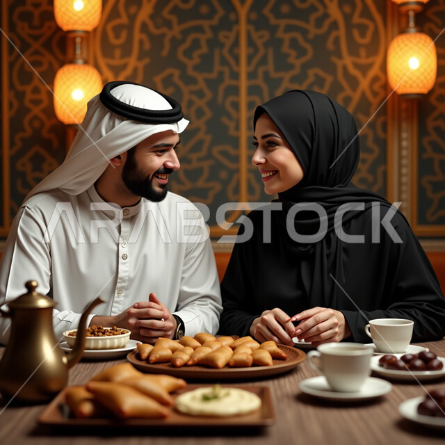 Preparing and setting up the Iftar table, the family gathering around a table full of delicious foods and appetizers, Ramadan decor and atmosphere, an Arab Gulf Saudi couple sitting around the dining table talking to each other with gestures of happiness and pleasure