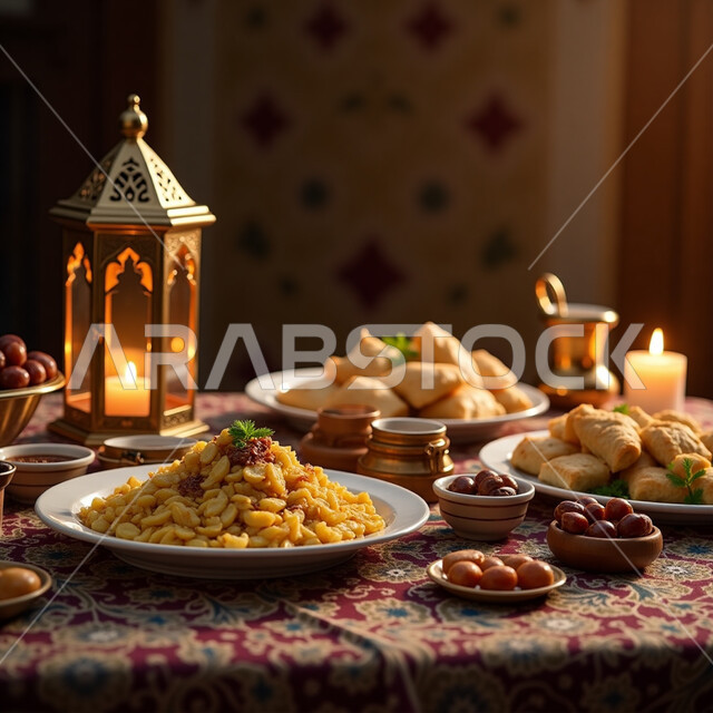 العزائم في الأعياد والمناسبات الإسلامية، فانوس الاحتفال بقدوم شهر رمضان المبارك، سفرة من المأكولات الشعبية التقليدية الشهية، الأصناف والأطباق والمقبلات العربية الشرقية اللذيذة، مائدة طعام مليئة بالوجبات المتنوعة الرمضانية