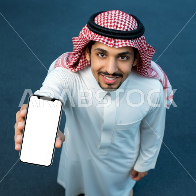 استخدام الأجهزة التقنية الحديثة والمتطورة, النظر إلى الكاميرا بإيماءات السعادة والسرور, بورتريه لرجل عربي خليجي سعودي يرتدي الثوب التقليدي والشماغ يمسك بيده الهاتف المحمول, عرض شاشة بيضاء فارغة عبر الجوال, خلفية زرقاء