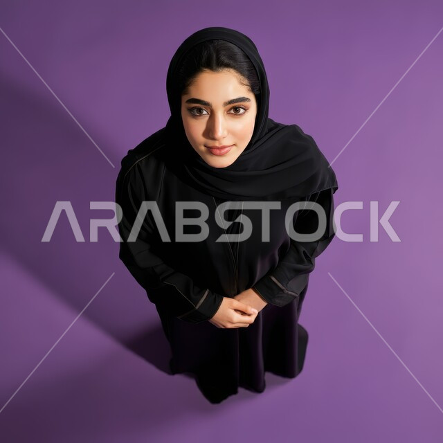 الاهتمام بالأناقة والمظهر الخارجي، بورتريه علوي عامودي لامرأة عربية خليجية سعودية ترتدي الحجاب والعباءة تنظر إلى الكاميرا بإيماءات الثقة بالنفس، مفهوم الأنوثة والنعومة، خلفية بنفسجية