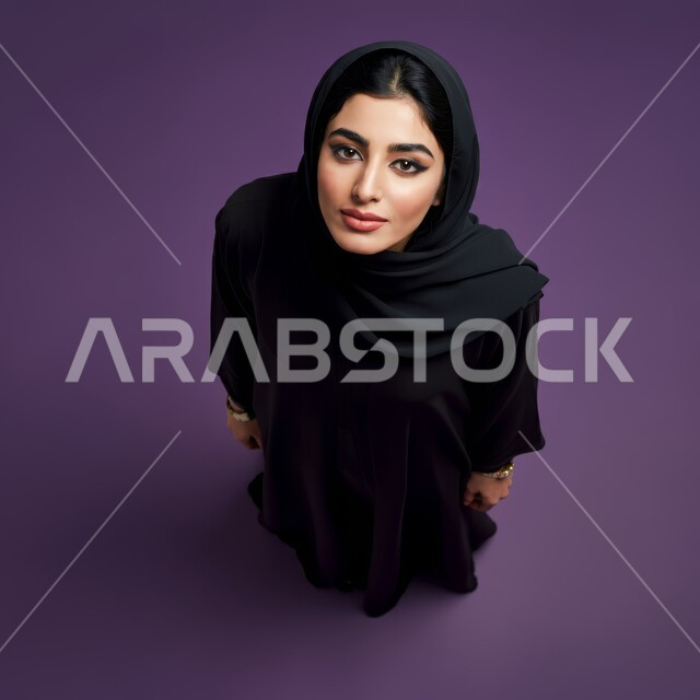 مفهوم الأنوثة والنعومة، الاهتمام بالأناقة والمظهر الخارجي، بورتريه علوي عامودي لامرأة عربية خليجية سعودية ترتدي الحجاب والعباءة تنظر إلى الكاميرا بإيماءات الثقة بالنفس، خلفية بنفسجية