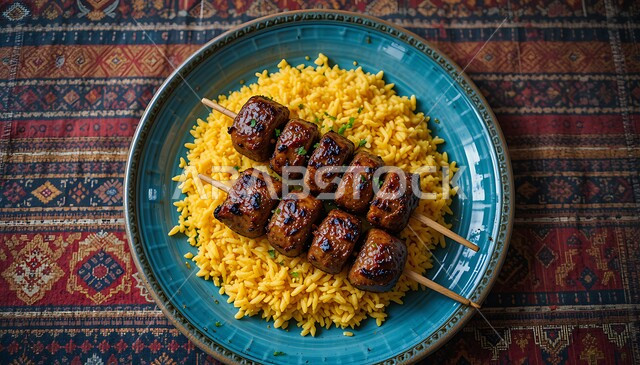 وصفة المندي التقليدية الشهية, وجبة غذائية صحية مغذية, طبق من الأرز مع أسياخ اللحم المشوية, فن تقديم الطعام في مطاعم ومطابخ المملكة العربية السعودية, الأكل العربي الشرقي اللذيذ