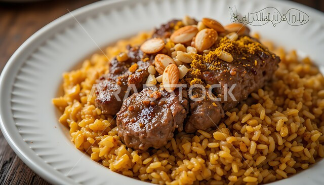 وجبة غذائية صحية مغذية, طبق من الأرز مع قطع اللحم المشوية, فن تقديم الطعام في مطاعم ومطابخ المملكة العربية السعودية, الأكل العربي الشرقي اللذيذ, وصفة المندي التقليدية الشهية