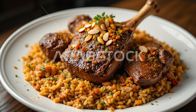 وجبة غذائية صحية مغذية, طبق من الأرز مع قطع اللحم المشوية, فن تقديم الطعام في مطاعم ومطابخ المملكة العربية السعودية, الأكل العربي الشرقي اللذيذ, وصفة المندي التقليدية الشهية