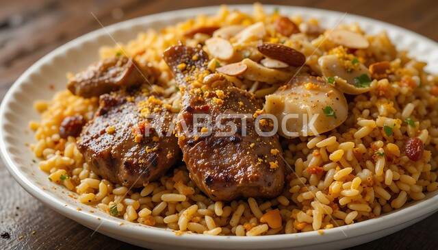 وجبة غذائية صحية مغذية, طبق من الأرز مع قطع اللحم المشوية, فن تقديم الطعام في مطاعم ومطابخ المملكة العربية السعودية, الأكل العربي الشرقي اللذيذ, وصفة المندي التقليدية الشهية