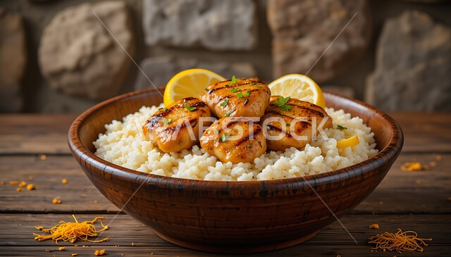 طبق من الأرز مع قطع الدجاج المشوية, فن تقديم الطعام في مطاعم ومطابخ المملكة العربية السعودية, الأكل العربي الشرقي اللذيذ, وصفة المندي التقليدية الشهية, وجبة غذائية صحية مغذية