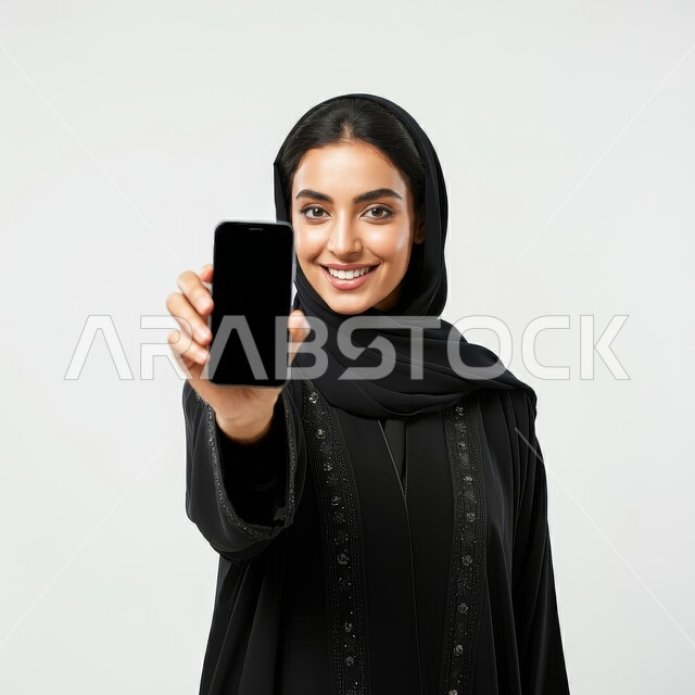 عرض خدمات وتطبيقات الجوال، شاشة سوداء فارغة, استخدام الأجهزة التقنية الحديثة والمتطورة، بورتريه مقرب لامرأة عربية خليجية سعودية مبتسمة ترتدي الحجاب والعباءة تحمل بيدها الهاتف المحمول تنظر إلى الكاميرا بإيماءات الثقة بالنفس، خلفية بيضاء