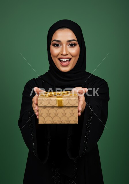 تقديم الهدايا في العيد والمناسبة الخاصة، التعبير عن الحب والتقدير والاحترام، بورتريه لامرأة عربية خليجية سعودية مبتسمة ترتدي الحجاب والعباءة تحمل صندوق الهدية تنظر إلى الكاميرا بإيماءات السرور والسعادة، مفهوم الشكر والامتنان، خلفية خضراء