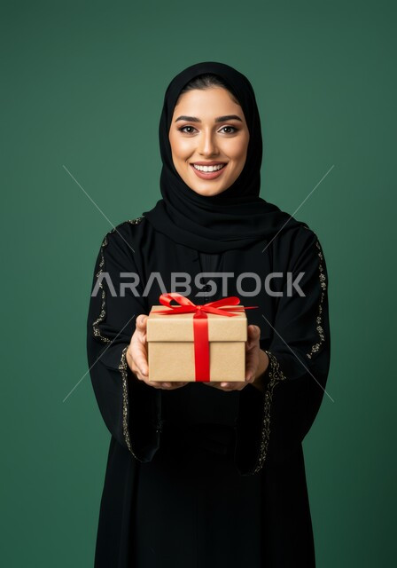 التعبير عن الحب والتقدير والاحترام، بورتريه لامرأة عربية خليجية سعودية مبتسمة ترتدي الحجاب والعباءة تحمل صندوق الهدية تنظر إلى الكاميرا بإيماءات السرور والسعادة، تقديم الهدايا في العيد والمناسبة الخاصة، مفهوم الشكر والامتنان، خلفية خضراء