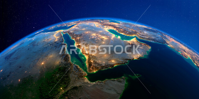 خريطة السعودية على الكرة الأرضية من الفضاء, البلدان المجاورة للمملكة, تحديد الموقع بين دول العالم والوطن العربي, الحدود الجغرافية للبلاد, خلفية مجرة درب التبانة