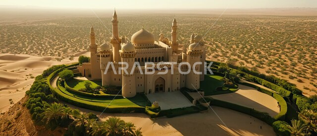 الفن الهندسي المعماري لبناء المساجد على الطراز العربي الإسلامي, التصميم المميز للقبب والمآذن, مفهوم العبادة والتقرب إلى الله تعالى, نداء المسلمين لأداء فريضة الصلاة, مسجد وسط الصحراء, الرمال الذهبية الناعمة