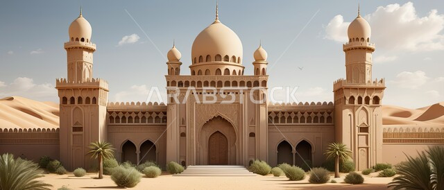 الفن الهندسي المعماري لبناء المساجد على الطراز العربي الإسلامي, التصميم المميز للقبب والمآذن, مفهوم العبادة والتقرب إلى الله تعالى, نداء المسلمين لأداء فريضة الصلاة, مسجد وسط الصحراء, الرمال الذهبية الناعمة