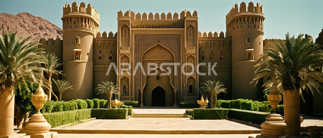 مبنى تراثي تاريخي وسط الصحراء, الاهتمام بزراعة الأشجار والنباتات الخضراء, قلعة تاريخية أثرية في المملكة العربية السعودية, الفن الهندسي المعماري على الطراز الطيني القديم