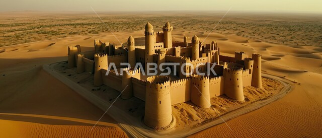 الفن الهندسي المعماري على الطراز الطيني القديم, مبنى تراثي تاريخي وسط الصحراء, التشكيلات والكثبان الرملية في صحاري المملكة العربية السعودية, قلعة تاريخية أثرية في منطقة صحراوية