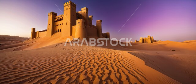 Historical archaeological castle in a desert area, ancient clay architectural art, historical heritage building in the middle of the desert, sand formations and dunes in the deserts of the Kingdom of Saudi Arabia