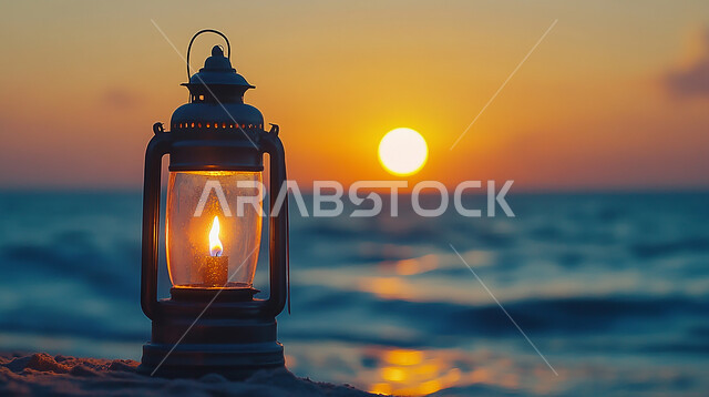 زينة وإضاءة الاعياد والمناسبات الدينية، استقبال الأجواء الرمضانية الروحانية، فانوس معدني مضيء على شاطئ البحر في وقت غروب الشمس، تحفة إسلامية عريقة، خلفية الطبيعة