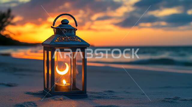 Antique Islamic masterpiece, illuminated metal lantern on the beach at sunset, welcoming the spiritual Ramadan atmosphere, decoration and lighting for religious holidays and occasions, nature background