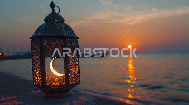 Metal lantern illuminated on the beach at sunset, welcoming the spiritual Ramadan atmosphere, an ancient Islamic masterpiece, decoration and lighting for religious holidays and occasions, nature background