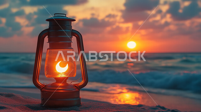 تحفة إسلامية عريقة، فانوس معدني مضيء على شاطئ البحر في وقت غروب الشمس، استقبال الأجواء الرمضانية الروحانية، زينة وإضاءة الاعياد والمناسبات الدينية، خلفية الطبيعة