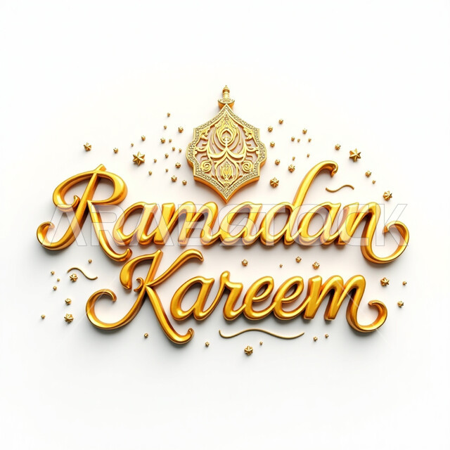 بطاقة معايدة وتهنئة بقدوم الشهر الفضيل, عبارة رمضان كريم باللغة الإنجليزية باللون الذهبي, الأجواء الرمضانية الروحانية, الاحتفال بالمناسبات الدينية الإسلامية, خلفية بيضاء