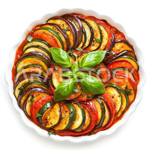 Delicious meals and dishes, authentic oriental cuisine, close-up of a plate of fried eggplant with vegetables (moussaka), cooked vegetables with sauce, food presentation arts in Saudi Arabia restaurants, traditional folk recipe, white background