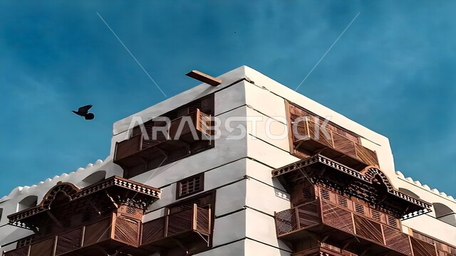 التراث والعراقة والأصالة, صورة مقربة للرواشن الخشبية في المباني القديمة في حي البلد, المنشآت الأثرية في مدينة جدة، التصاميم الهندسية المعمارية للمدينة التاريخية على الطراز العربي القديم، أماكن ومعالم سياحية أثرية في المملكة العربية السعودية