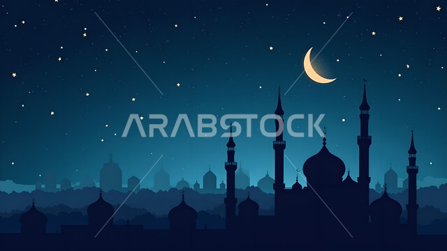 الأجواء الرمضانية الروحانية, الاحتفال بالمناسبات الدينية الإسلامية, صورة ظلية لمسجد في الليل, بطاقة معايدة وتهنئة بقدوم الشهر الفضيل, سيلوليت