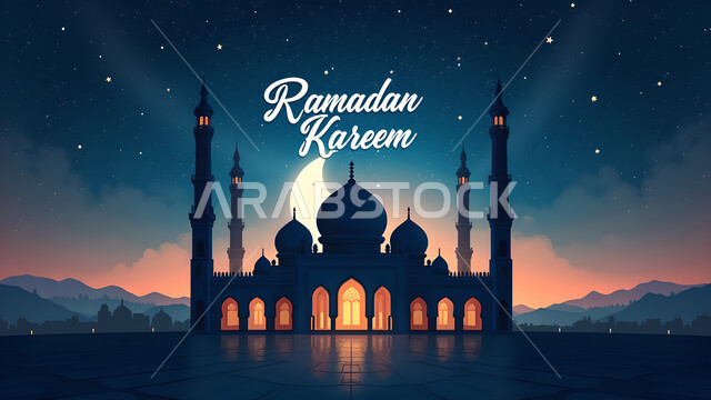 الأجواء الرمضانية الروحانية, الاحتفال بالمناسبات الدينية الإسلامية, صورة ظلية لمسجد مضيء في الليل, بطاقة معايدة وتهنئة بقدوم الشهر الفضيل, عبارة رمضان كريم باللغة الإنجليزية, سيلوليت