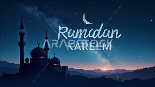 عبارة رمضان كريم باللغة الإنجليزية, الأجواء الرمضانية الروحانية, الاحتفال بالمناسبات الدينية الإسلامية, صورة ظلية لمسجد في الليل, بطاقة معايدة وتهنئة بقدوم الشهر الفضيل, سيلوليت