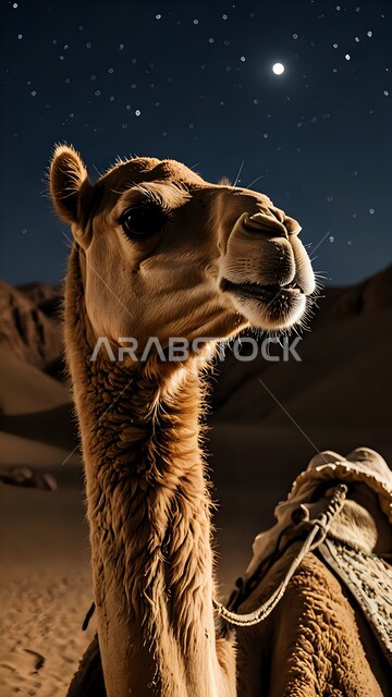 الاهتمام بالابل في صحاري المملكة العربية السعودية, صورة مقربة لجمل يقف على الرمال الذهبية الناعمة في الصحراء, منظر السماء المرصعة بالنجوم ومجرة درب التبانة في الليل, محمية طبيعية لتربية الجمال في المناطق الصحراوية, التشكيلات والتكوينات والكثبان الرملية