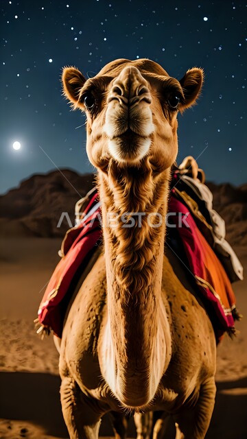 التشكيلات والتكوينات والكثبان الرملية, الاهتمام بالابل في صحاري المملكة العربية السعودية, صورة مقربة لجمل يقف على الرمال الذهبية الناعمة في الصحراء, منظر السماء المرصعة بالنجوم ومجرة درب التبانة في الليل, محمية طبيعية لتربية الجمال في المناطق الصحراوية