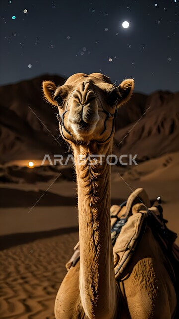محمية طبيعية لتربية الجمال في المناطق الصحراوية, التشكيلات والتكوينات والكثبان الرملية, الاهتمام بالابل في صحاري المملكة العربية السعودية, صورة مقربة لجمل يقف على الرمال الذهبية الناعمة في الصحراء, منظر السماء المرصعة بالنجوم ومجرة درب التبانة في الليل