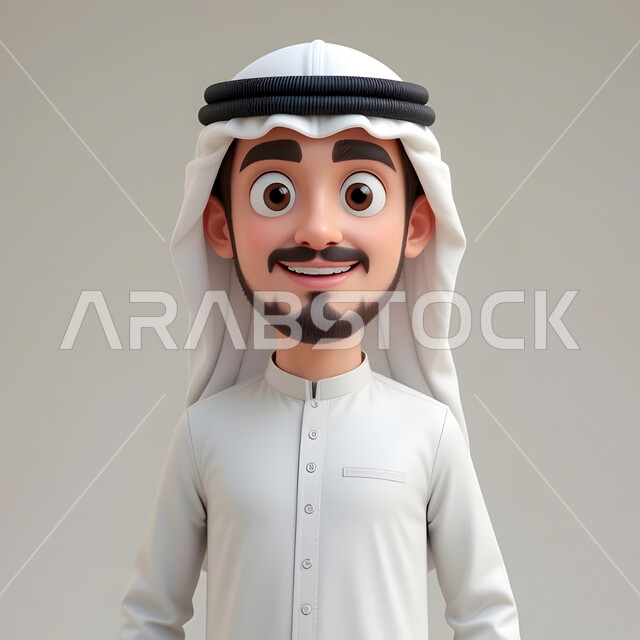 Caring about appearance, concept of masculine elegance, 3D illustration of a smiling Saudi Arabian Gulf man wearing traditional thobe and white ghutra looking at the camera with gestures of happiness and pleasure, gray background
