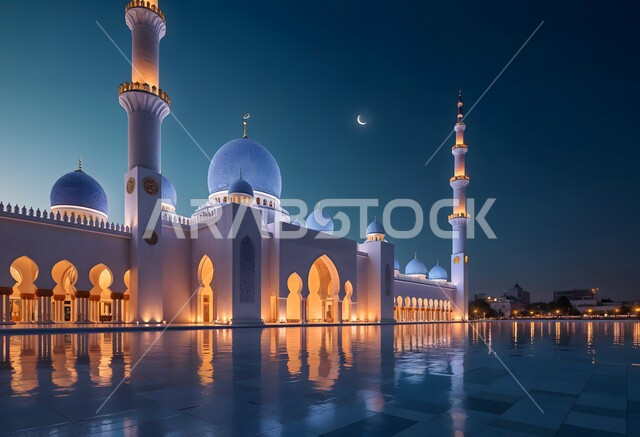 مسجد مضيء ليلا في الإمارات العربية المتحدة, نداء المسلمين لأداء فريضة الصلاة, مفهوم العبادة والتقرب إلى الله تعالى, الفن الهندسي المعماري لبناء المساجد على الطراز العربي الإسلامي