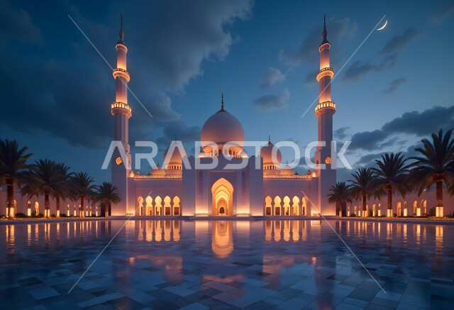 Architectural engineering art of building mosques in the Arab Islamic style, a mosque illuminated at night in the United Arab Emirates, the call of Muslims to perform the obligatory prayer, the concept of worship and drawing closer to God Almighty