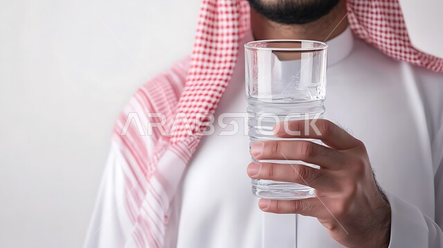 الشعور بالعطش والجفاف, تجنب الإصابة بحصى الكلى, بوتريه مقرب لرجل عربي خليجي سعودي يرتدي الثوب التقليدي والشماغ يحمل بيده كأس من الماء, المحافظة على سلامة الجهاز المناعي للجسم, المداومة على شرب المياه, خلفية بيضاء