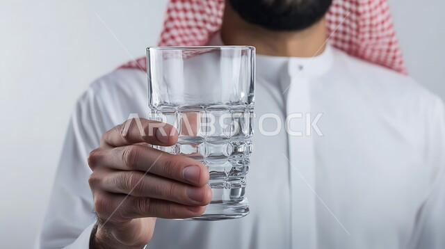 المداومة على شرب المياه، الشعور بالعطش والجفاف, تجنب الإصابة بحصى الكلى, بورتريه مقرب لرجل عربي خليجي سعودي يرتدي الثوب التقليدي والشماغ يحمل بيده كأس من الماء, المحافظة على سلامة الجهاز المناعي للجسم, خلفية بيضاء