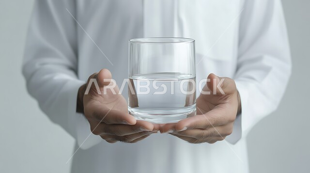 المحافظة على سلامة الجهاز المناعي للجسم، المداومة على شرب المياه، الشعور بالعطش والجفاف, تجنب الإصابة بحصى الكلى, بورتريه مقرب لرجل عربي خليجي سعودي يرتدي الثوب التقليدي يحمل بيده كأس من الماء، خلفية بيضاء