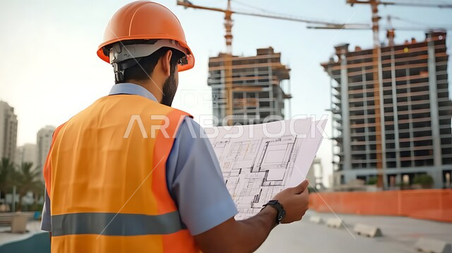 المتابعة والإشراف على سير الأعمال, مهن ووظائف هندسية في السعودية, العمل في القطاع الهندسي, الإعمار بسواد أبناء الوطن, مفهوم الهندسة الإنشائية, صورة مقربة من الخلف لمهندس عربي خليجي سعودي يرتدي سترة وخوذة الحماية يمسك بيده مخططات البناء
