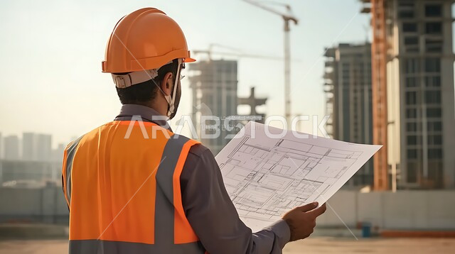 الإعمار بسواد أبناء الوطن, مفهوم الهندسة الإنشائية, صورة مقربة من الخلف لمهندس عربي خليجي سعودي يرتدي سترة وخوذة الحماية يمسك بيده مخططات البناء, المتابعة والإشراف على سير الأعمال, مهن ووظائف هندسية في السعودية, العمل في القطاع الهندسي