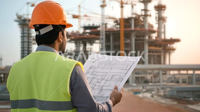 مهن ووظائف هندسية في السعودية, العمل في القطاع الهندسي, الإعمار بسواد أبناء الوطن, مفهوم الهندسة الإنشائية, صورة مقربة من الخلف لمهندس عربي خليجي سعودي يرتدي سترة وخوذة الحماية يمسك بيده مخططات البناء, المتابعة والإشراف على سير الأعمال