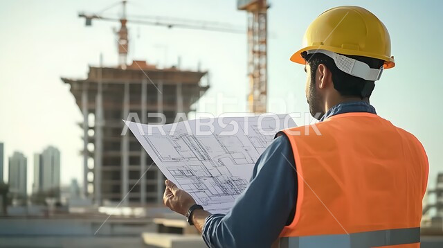 المتابعة والإشراف على سير الأعمال, مهن ووظائف هندسية في السعودية, العمل في القطاع الهندسي, الإعمار بسواد أبناء الوطن, مفهوم الهندسة الإنشائية, صورة مقربة من الخلف لمهندس عربي خليجي سعودي يرتدي سترة وخوذة الحماية يمسك بيده مخططات البناء