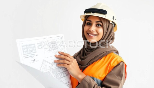 العمل في القطاع الهندسي, الإعمار بسواد أبناء الوطن, مفهوم الهندسة الإنشائية, بورتريه مقرب لمهندسة عربية خليجية سعودية محجبة ترتدي سترة وخوذة الحماية تمسك بيدها مخططات البناء, المتابعة والإشراف على سير الأعمال, مهن ووظائف هندسية في السعودية, خلفية بيضاء
