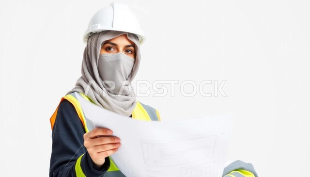 مهن ووظائف هندسية في السعودية, العمل في القطاع الهندسي, الإعمار بسواد أبناء الوطن, مفهوم الهندسة الإنشائية, بورتريه مقرب لمهندسة عربية خليجية سعودية ملثمة ترتدي الحجاب وسترة وخوذة الحماية تمسك بيدها مخططات البناء, المتابعة والإشراف على سير الأعمال, خلفية بيضاء