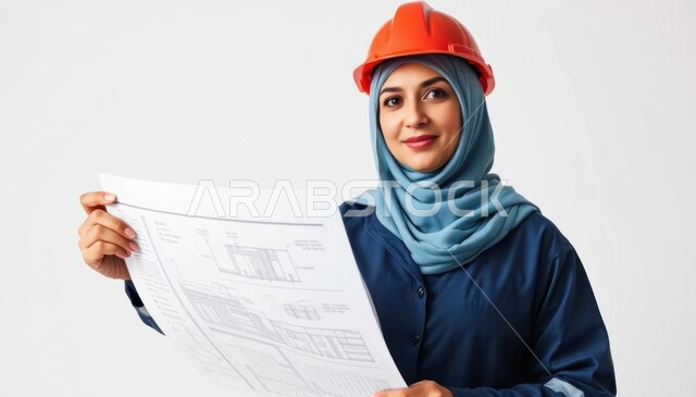 المتابعة والإشراف على سير الأعمال, مهن ووظائف هندسية في السعودية, العمل في القطاع الهندسي, الإعمار بسواد أبناء الوطن, مفهوم الهندسة الإنشائية, بورتريه مقرب لمهندسة عربية خليجية سعودية محجبة ترتدي سترة وخوذة الحماية تمسك بيدها مخططات البناء, خلفية بيضاء