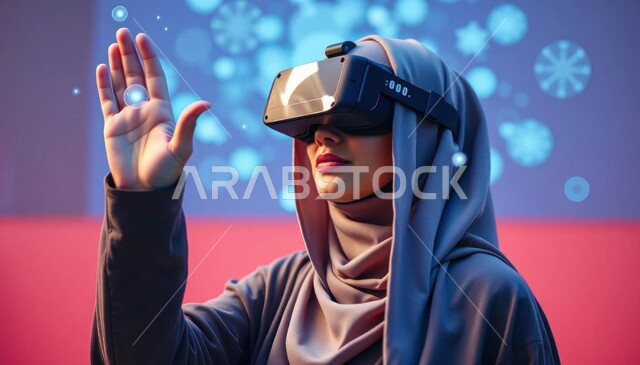 استخدام التقنيات الحديثة والمتطورة, ارتداء نظارات الواقع الافتراضي, صورة مقربة لامرأة عربية خليجية سعودية ترتدي الحجاب تضع نظارة الفي ار ثلاثية الأبعاد تحاول لمس الأيقونات الهولوجرامية, محاكاة العالم الخيالي, تعابير الاندماج والتفاعل, خلفية ملونة