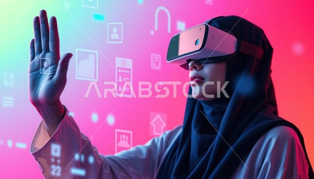 ارتداء نظارات الواقع الافتراضي, استخدام التقنيات الحديثة والمتطورة, صورة مقربة لامرأة عربية خليجية سعودية ترتدي الحجاب تضع نظارة الفي ار ثلاثية الأبعاد تحاول لمس الأيقونات الهولوجرامية, محاكاة العالم الخيالي, تعابير الاندماج والتفاعل, خلفية ملونة