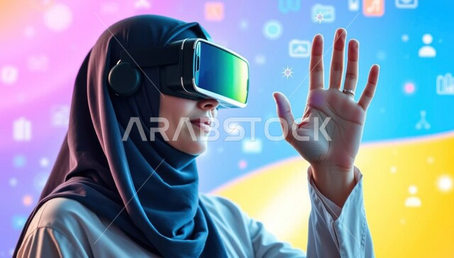 محاكاة العالم الخيالي, تعابير الاندماج والتفاعل, ارتداء نظارات الواقع الافتراضي, استخدام التقنيات الحديثة والمتطورة, صورة مقربة لامرأة عربية خليجية سعودية ترتدي الحجاب تضع نظارة الفي ار ثلاثية الأبعاد تحاول لمس الأيقونات الهولوجرامية, خلفية ملونة