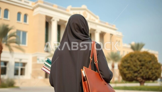 التعليم الأكاديمي في المملكة, الذهاب إلى الجامعة في الوقت المحدد, الجامعات والكليات في السعودية, صورة مقربة من الخلف لطالبة جامعية عربية خليجية سعودية محجبة ترتدي العباءة السوداء تحمل حقيبة والكتب بيدها